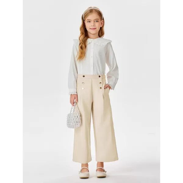 Haloumoning Girls Wide Leg Pants Kids Fashion Elastic Waist Front Button Trousers with Pockets 5-14 Years