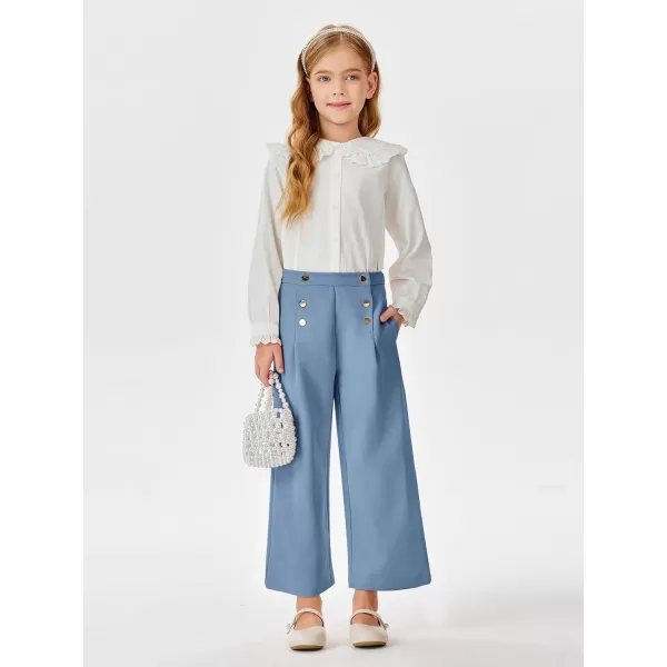 Haloumoning Girls Wide Leg Pants Kids Fashion Elastic Waist Front Button Trousers with Pockets 5-14 Years