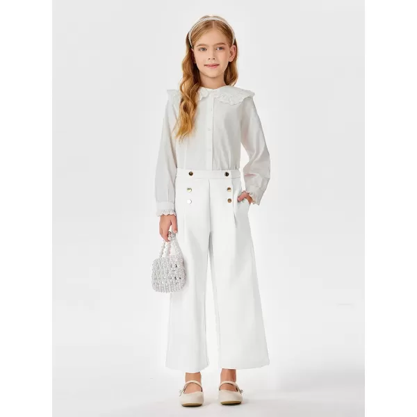 Haloumoning Girls Wide Leg Pants Kids Fashion Elastic Waist Front Button Trousers with Pockets 5-14 Years