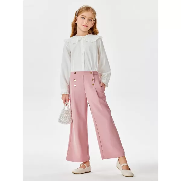 Haloumoning Girls Wide Leg Pants Kids Fashion Elastic Waist Front Button Trousers with Pockets 5-14 Years