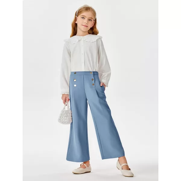 Haloumoning Girls Wide Leg Pants Kids Fashion Elastic Waist Front Button Trousers with Pockets 5-14 Years