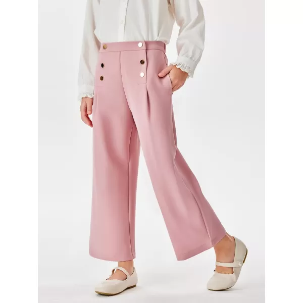 Haloumoning Girls Wide Leg Pants Kids Fashion Elastic Waist Front Button Trousers with Pockets 5-14 Years