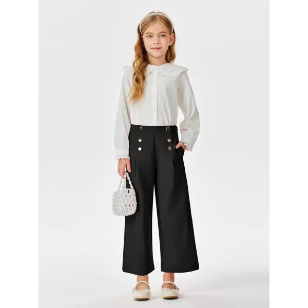 Haloumoning Girls Wide Leg Pants Kids Fashion Elastic Waist Front Button Trousers with Pockets 5-14 Years