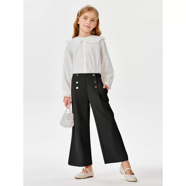 Haloumoning Girls Wide Leg Pants Kids Fashion Elastic Waist Front Button Trousers with Pockets 5-14 Years