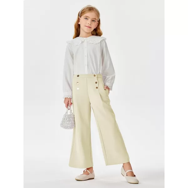 Haloumoning Girls Wide Leg Pants Kids Fashion Elastic Waist Front Button Trousers with Pockets 5-14 Years