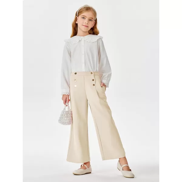 Haloumoning Girls Wide Leg Pants Kids Fashion Elastic Waist Front Button Trousers with Pockets 5-14 Years