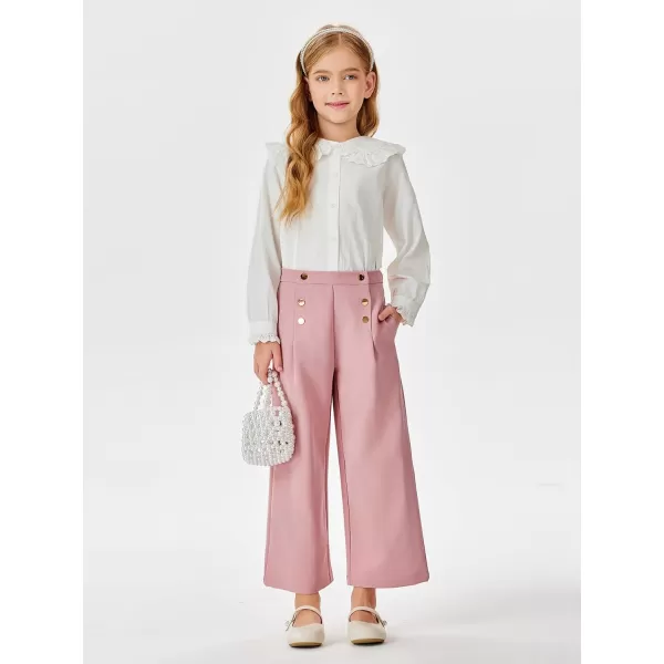 Haloumoning Girls Wide Leg Pants Kids Fashion Elastic Waist Front Button Trousers with Pockets 5-14 Years