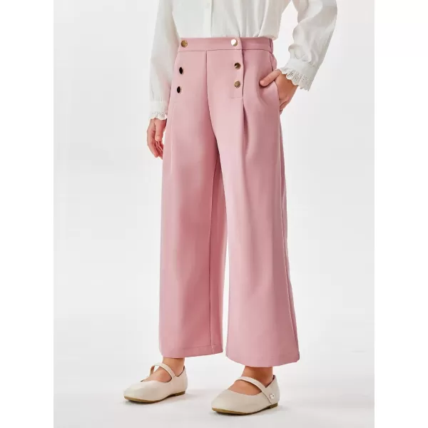 Haloumoning Girls Wide Leg Pants Kids Fashion Elastic Waist Front Button Trousers with Pockets 5-14 Years