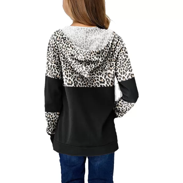 Haloumoning Kids Girls Fleece Pullover Hoodies Cute Leopard Printed Hooded Sweatshirts with Pockets 4-15 Years