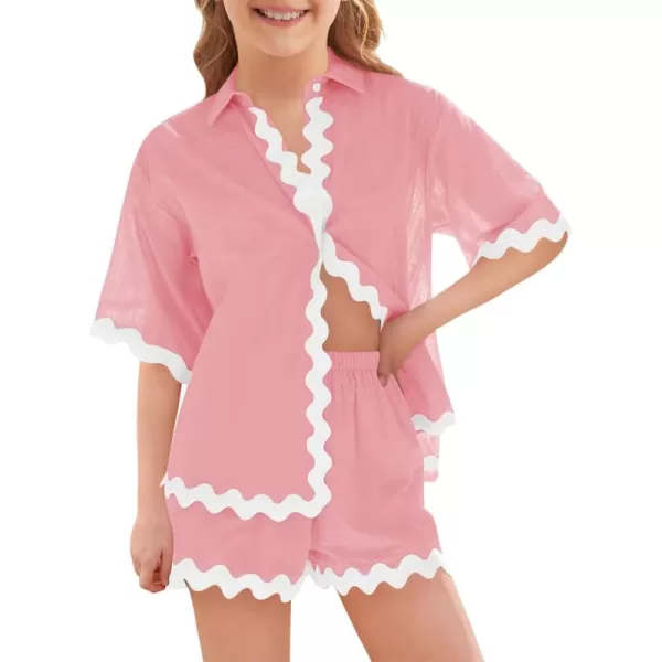 Haloumoning Girls' 2 Piece Clothing Sets Summer Short Sleeve Button Down T Shirt and Shorts Sweatsuits for 5-14 Years