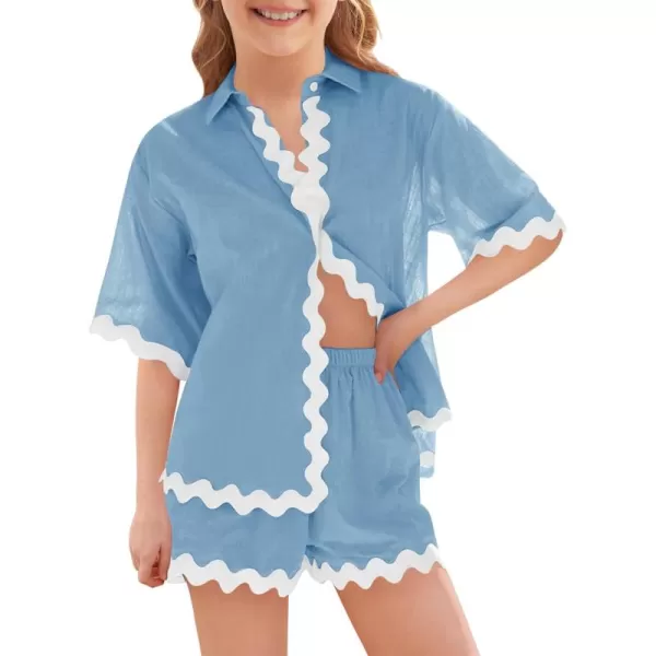 Haloumoning Girls' 2 Piece Clothing Sets Summer Short Sleeve Button Down T Shirt and Shorts Sweatsuits for 5-14 Years