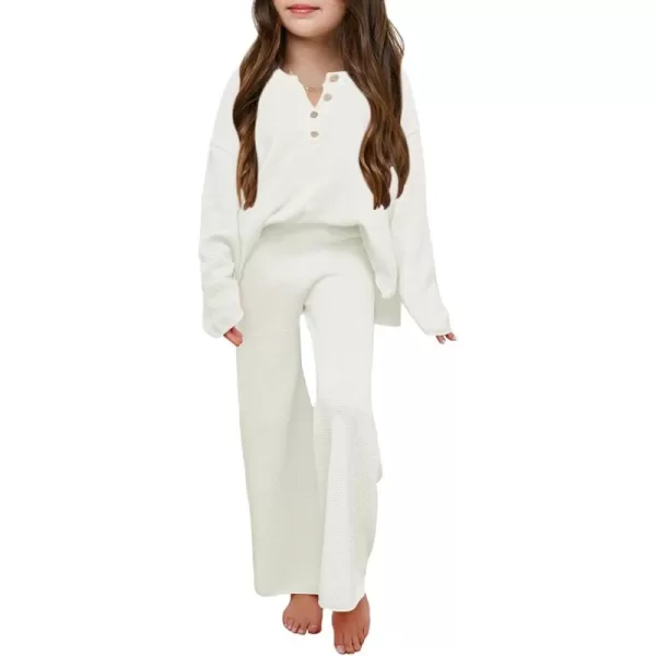 Haloumoning Girls 2 Piece Outfit Set Long Sleeve Button Knit Pullover Sweater Top and Wide Leg Pants Sweatsuit 5-14 Years