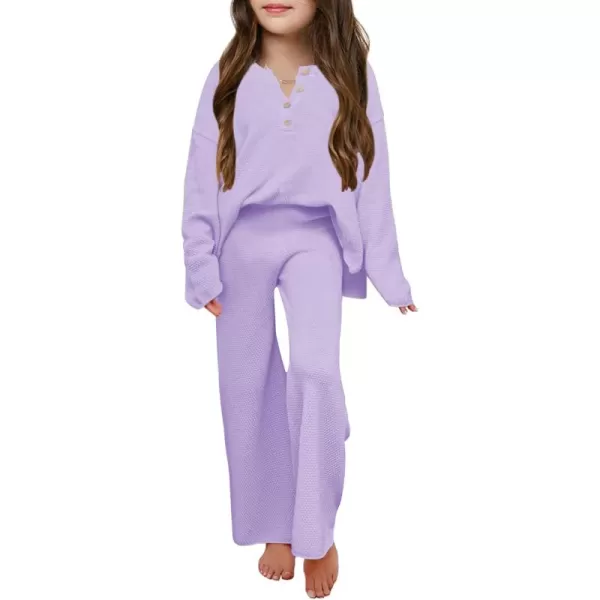 Haloumoning Girls 2 Piece Outfit Set Long Sleeve Button Knit Pullover Sweater Top and Wide Leg Pants Sweatsuit 5-14 Years