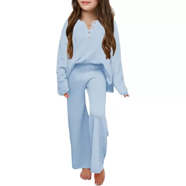 Haloumoning Girls 2 Piece Outfit Set Long Sleeve Button Knit Pullover Sweater Top and Wide Leg Pants Sweatsuit 5-14 Years