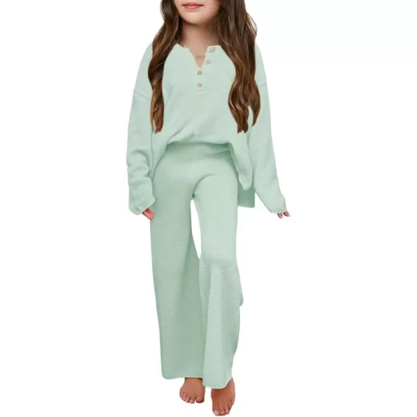 Haloumoning Girls 2 Piece Outfit Set Long Sleeve Button Knit Pullover Sweater Top and Wide Leg Pants Sweatsuit 5-14 Years