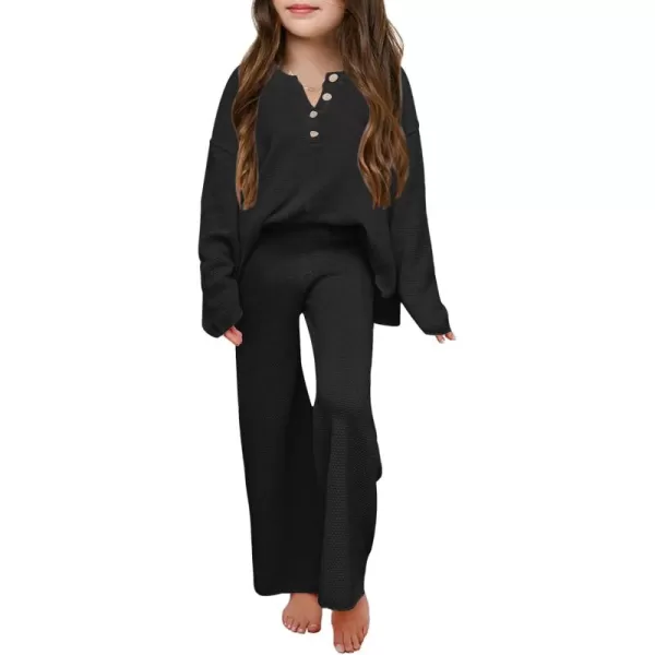 Haloumoning Girls 2 Piece Outfit Set Long Sleeve Button Knit Pullover Sweater Top and Wide Leg Pants Sweatsuit 5-14 Years