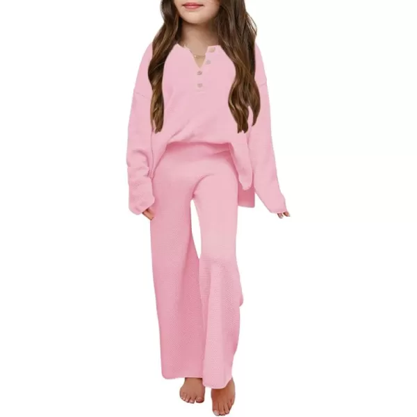 Haloumoning Girls 2 Piece Outfit Set Long Sleeve Button Knit Pullover Sweater Top and Wide Leg Pants Sweatsuit 5-14 Years