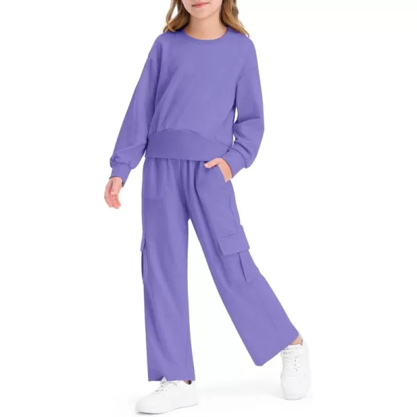 Haloumoning Girls 2 Piece Outfits Kids Fashion Long Sleeve Crop Tops Sweatshirt Wide Leg Cargo Pants Set