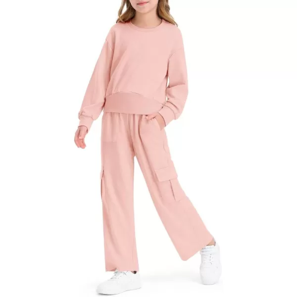 Haloumoning Girls 2 Piece Outfits Kids Fashion Long Sleeve Crop Tops Sweatshirt Wide Leg Cargo Pants Set