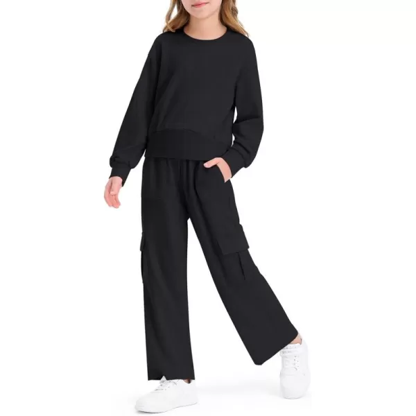 Haloumoning Girls 2 Piece Outfits Kids Fashion Long Sleeve Crop Tops Sweatshirt Wide Leg Cargo Pants Set