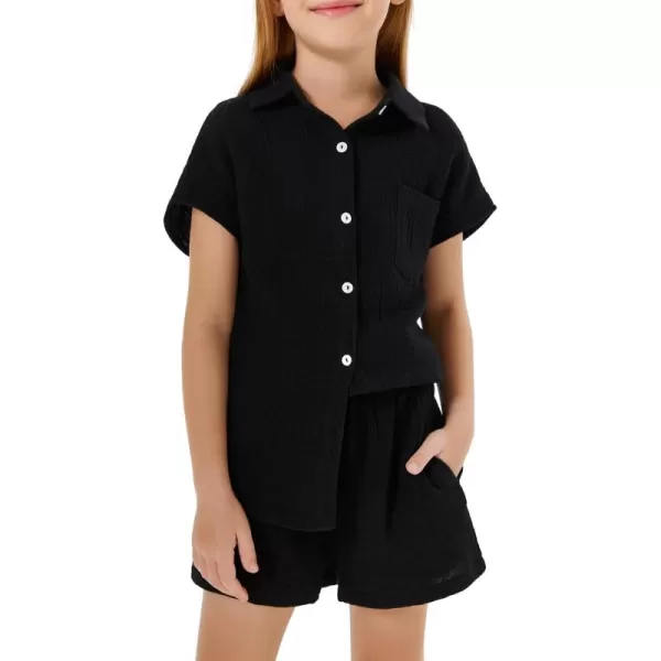 Haloumoning Girls 2 Piece Outfits Kids Fashion Short Sleeve Button Down Oversized Shirts And Shorts Set 5-14 Years