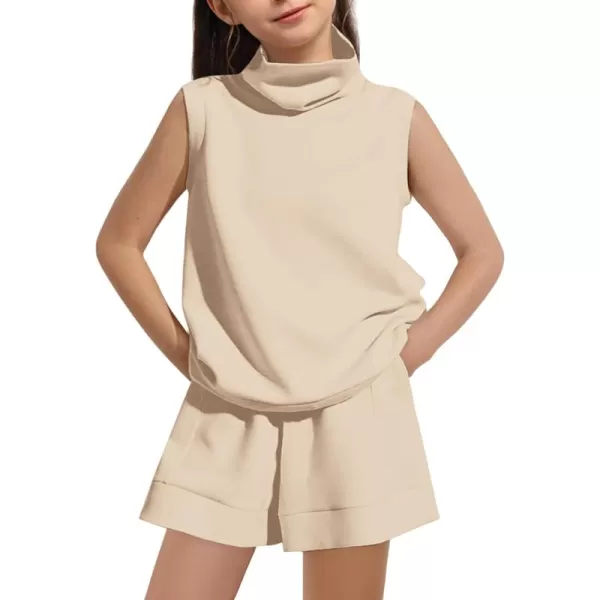 Haloumoning Girls 2 Piece Outfits Kids Fashion Turtleneck Sleeveless Tank Tops High Waist Shorts with Pockets