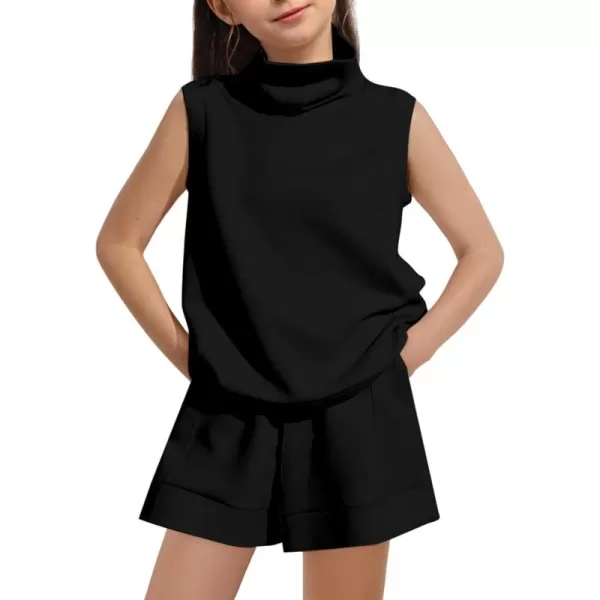 Haloumoning Girls 2 Piece Outfits Kids Fashion Turtleneck Sleeveless Tank Tops High Waist Shorts with Pockets