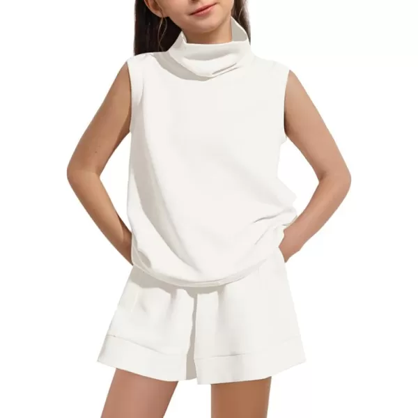 Haloumoning Girls 2 Piece Outfits Kids Fashion Turtleneck Sleeveless Tank Tops High Waist Shorts with Pockets