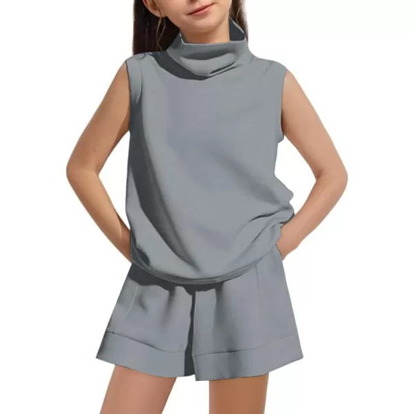 Haloumoning Girls 2 Piece Outfits Kids Fashion Turtleneck Sleeveless Tank Tops High Waist Shorts with Pockets