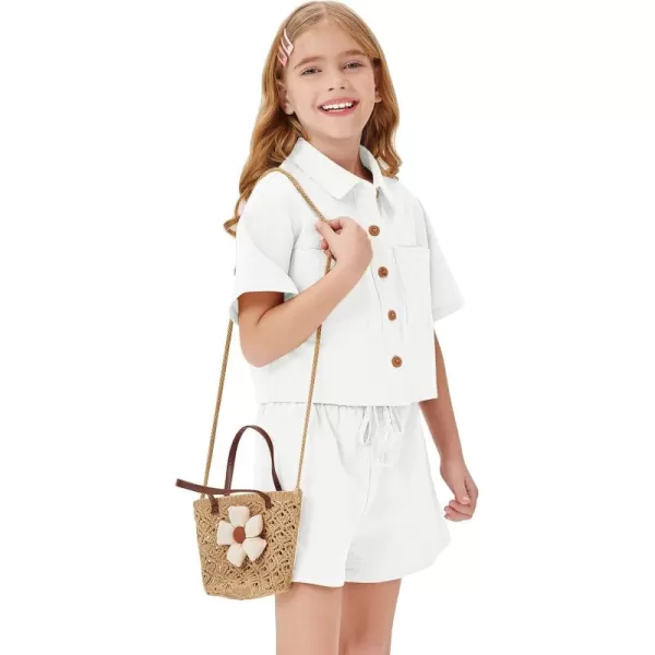 Haloumoning Girls 2 Piece Outfits Short Sleeve Button Down Shirts and High Waist Short Sets 5-14 Years
