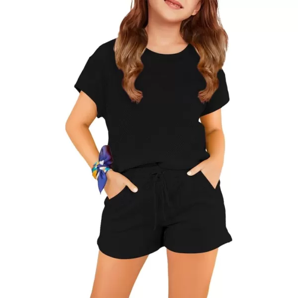 Haloumoning Girls 2 Piece Outfits Short Sleeve T Shirt and Drawstring Shorts Summer Clothing Sets