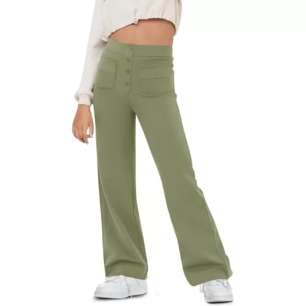 Haloumoning Girl's Flare Pants Kids High Waisted Button Multiple Pockets Yoga Bootcut Pants Full Length Bell Bottoms