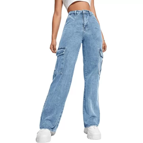 Haloumoning Girls Jeans Denim Elastic High Waisted Wide Leg Baggy Cargo Pants with Pockets 5-14 Years