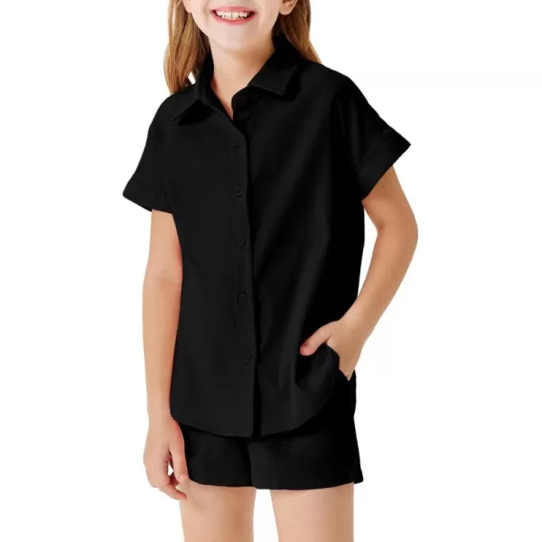 Haloumoning Girls Short Sets Summer Button Down Shirts and Shorts with Pockets 2 Piece Outfits 5-14 Years