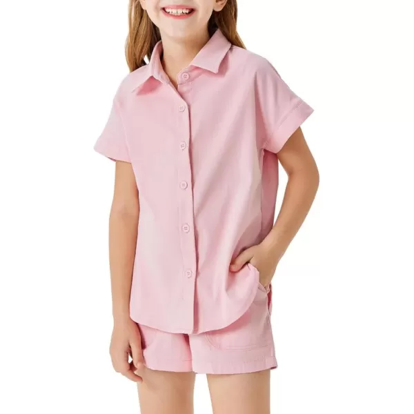 Haloumoning Girls Short Sets Summer Button Down Shirts and Shorts with Pockets 2 Piece Outfits 5-14 Years