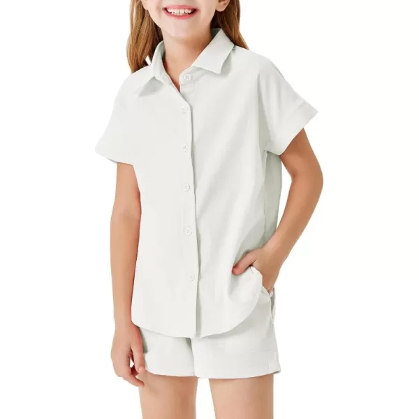 Haloumoning Girls Short Sets Summer Button Down Shirts and Shorts with Pockets 2 Piece Outfits 5-14 Years