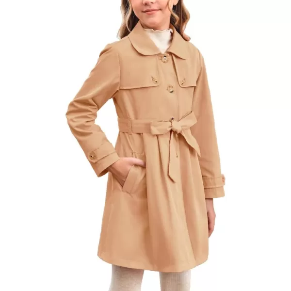 Haloumoning Girls Single Breasted Trench Coat Kids Lapel Long Sleeve Tie Belt Outerwear with Pockets