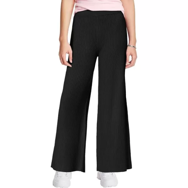 Haloumoning Girls Solid Rib Knit Wide Leg Pants Elastic Waist Flowy Casual Sweater Pants 5-14 Years