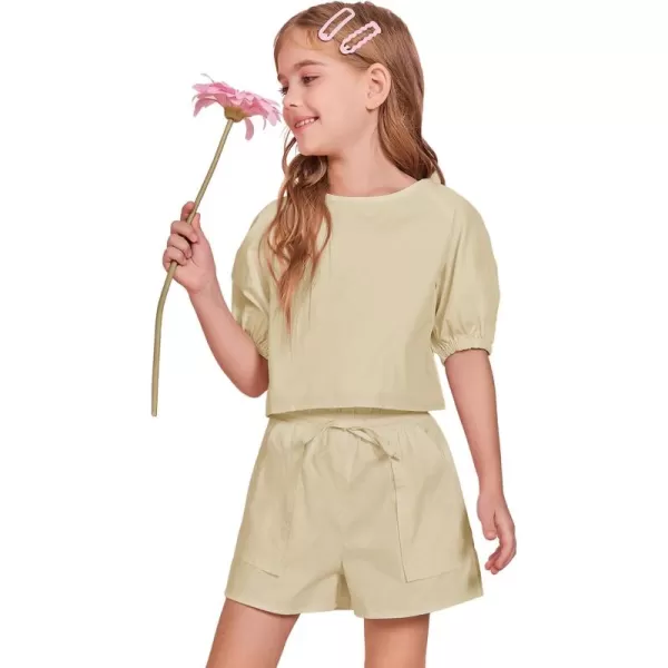Haloumoning Girls Summer Outfits Short Sets Puff Sleeve Tops and Elastic Waist Shorts 5-14 Years