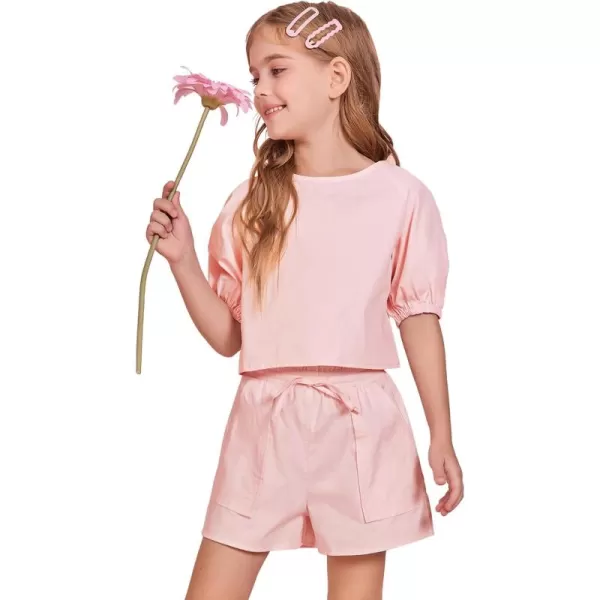 Haloumoning Girls Summer Outfits Short Sets Puff Sleeve Tops and Elastic Waist Shorts 5-14 Years