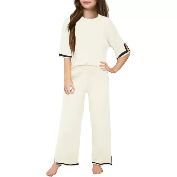 Haloumoning Girls Two Piece Outfits Kids Fashion Short Sleeve Sweater Tops and Wide Leg Pants Set 5-14 Years
