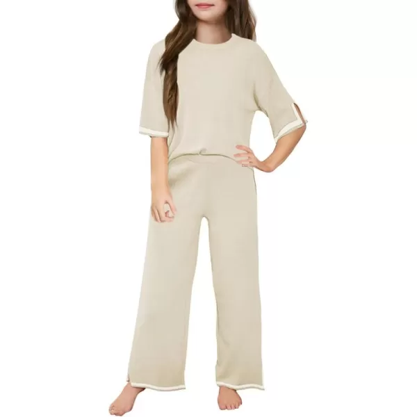 Haloumoning Girls Two Piece Outfits Kids Fashion Short Sleeve Sweater Tops and Wide Leg Pants Set 5-14 Years
