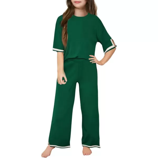 Haloumoning Girls Two Piece Outfits Kids Fashion Short Sleeve Sweater Tops and Wide Leg Pants Set 5-14 Years