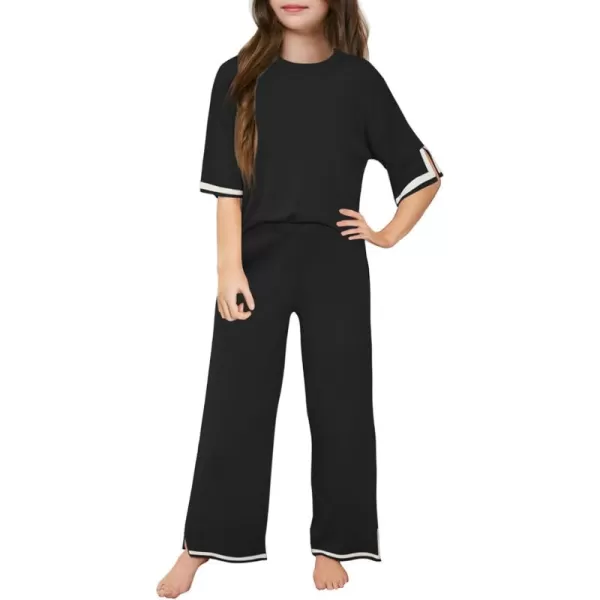 Haloumoning Girls Two Piece Outfits Kids Fashion Short Sleeve Sweater Tops and Wide Leg Pants Set 5-14 Years