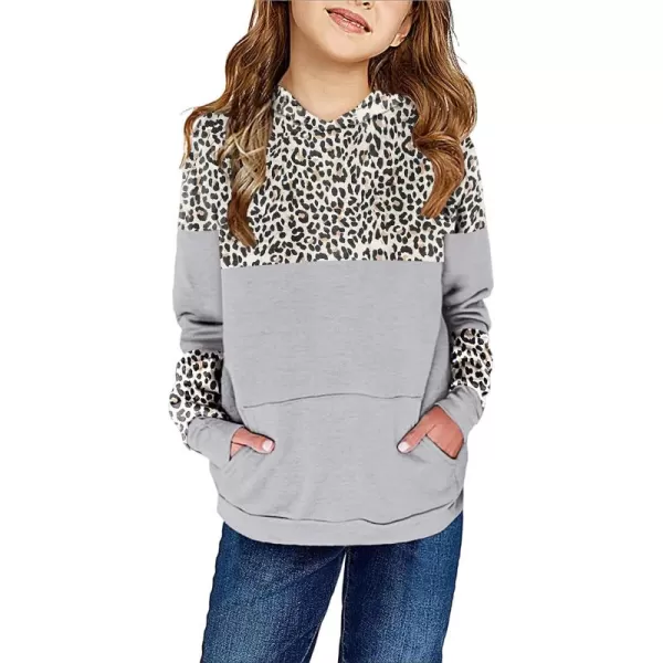Haloumoning Kids Girls Fleece Pullover Hoodies Cute Leopard Printed Hooded Sweatshirts with Pockets 4-15 Years
