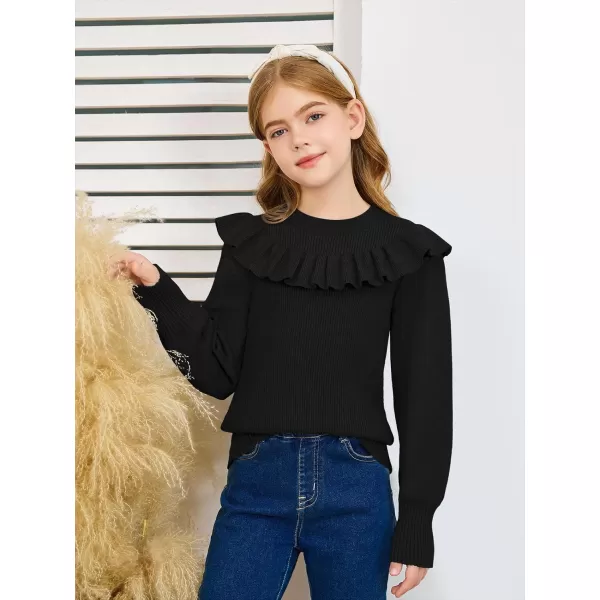 Girls Lantern Sleeve Ruffle Sweaters Tops Kids Fashion Knit Crewneck Pullover Clothes 5-14 Years
