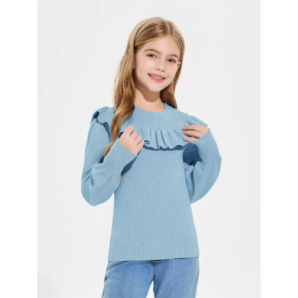 Girls Lantern Sleeve Ruffle Sweaters Tops Kids Fashion Knit Crewneck Pullover Clothes 5-14 Years