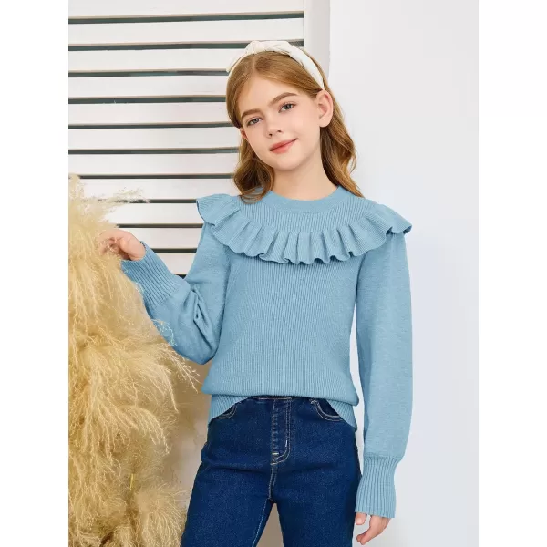 Girls Lantern Sleeve Ruffle Sweaters Tops Kids Fashion Knit Crewneck Pullover Clothes 5-14 Years