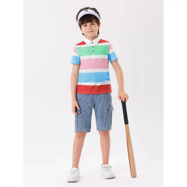 Haloumoning Boys Color Block Polo Shirt Kids Summer Short Sleeve Striped Collared Shirts with Side Slit 4-14 Years