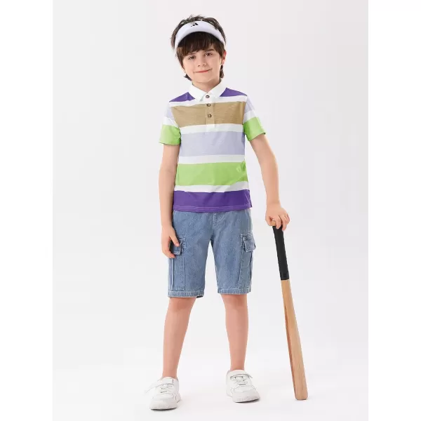 Haloumoning Boys Color Block Polo Shirt Kids Summer Short Sleeve Striped Collared Shirts with Side Slit 4-14 Years